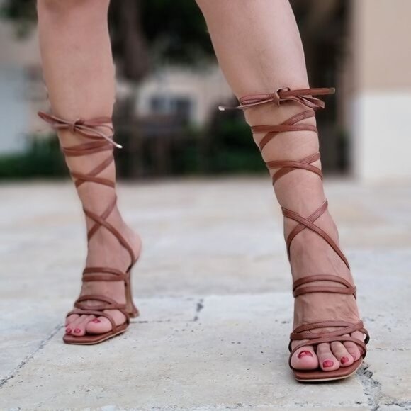 Women's Brown Strappy Pyramid‎ Heel Gladiator Sandals - Picture 3 of 6
